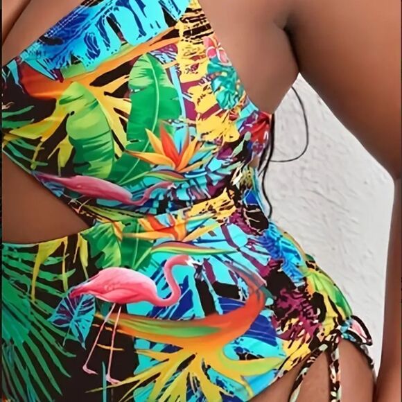NEW! Bright and Beautiful Boho Tropical Print Cut Out Front One Piece Swimsuit - Picture 5 of 7